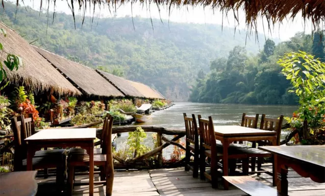 Floating restaurant at the River Kwai Jungle Rafts Resort