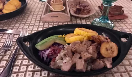 Traditional Ecuadorian dish, pork and plantains.