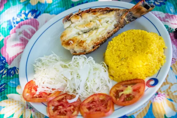 Grilled lobster with rice and salad in Cuba