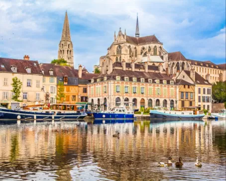 Historic town of Auxurre and Yonne River in Burgundy