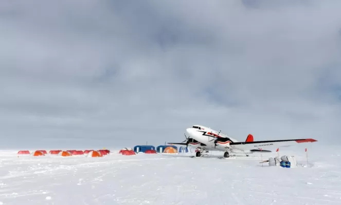 Basler plane parked at South Pole Camp. Courtesy Christopher Michel, Antarctic Logistics & Expeditions