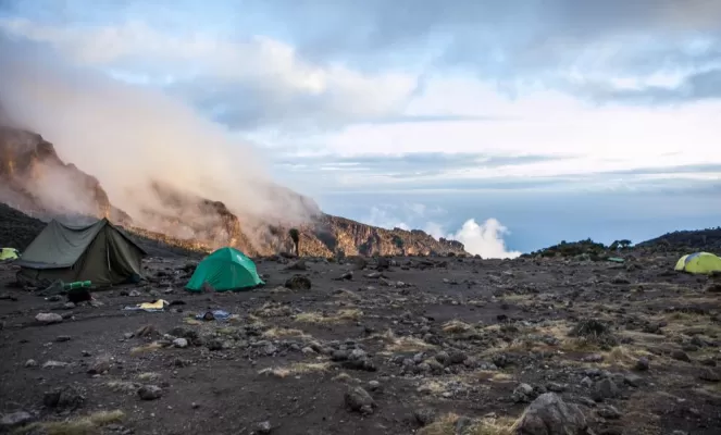 Camping along the Machame route to climb Kilimanjaro