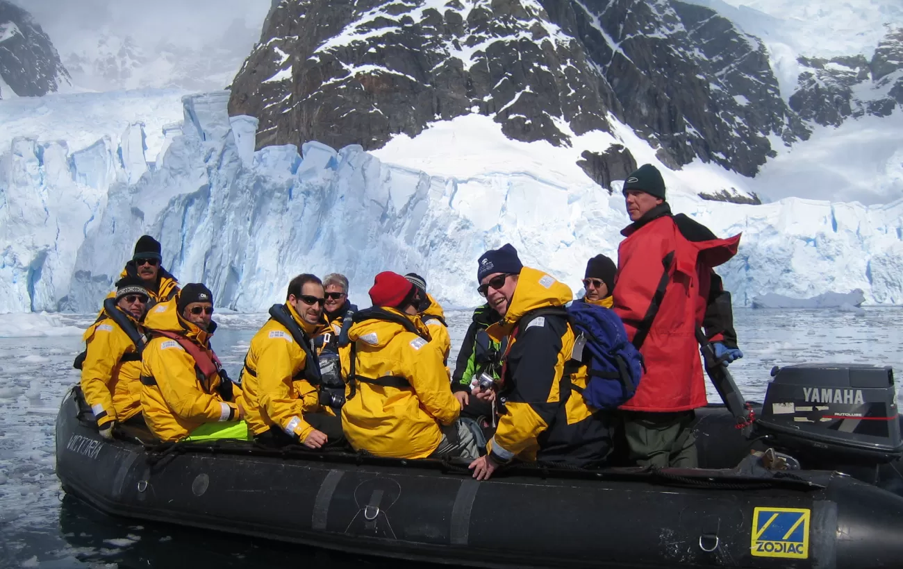 Travelers on a zodiac tour in Antarctica