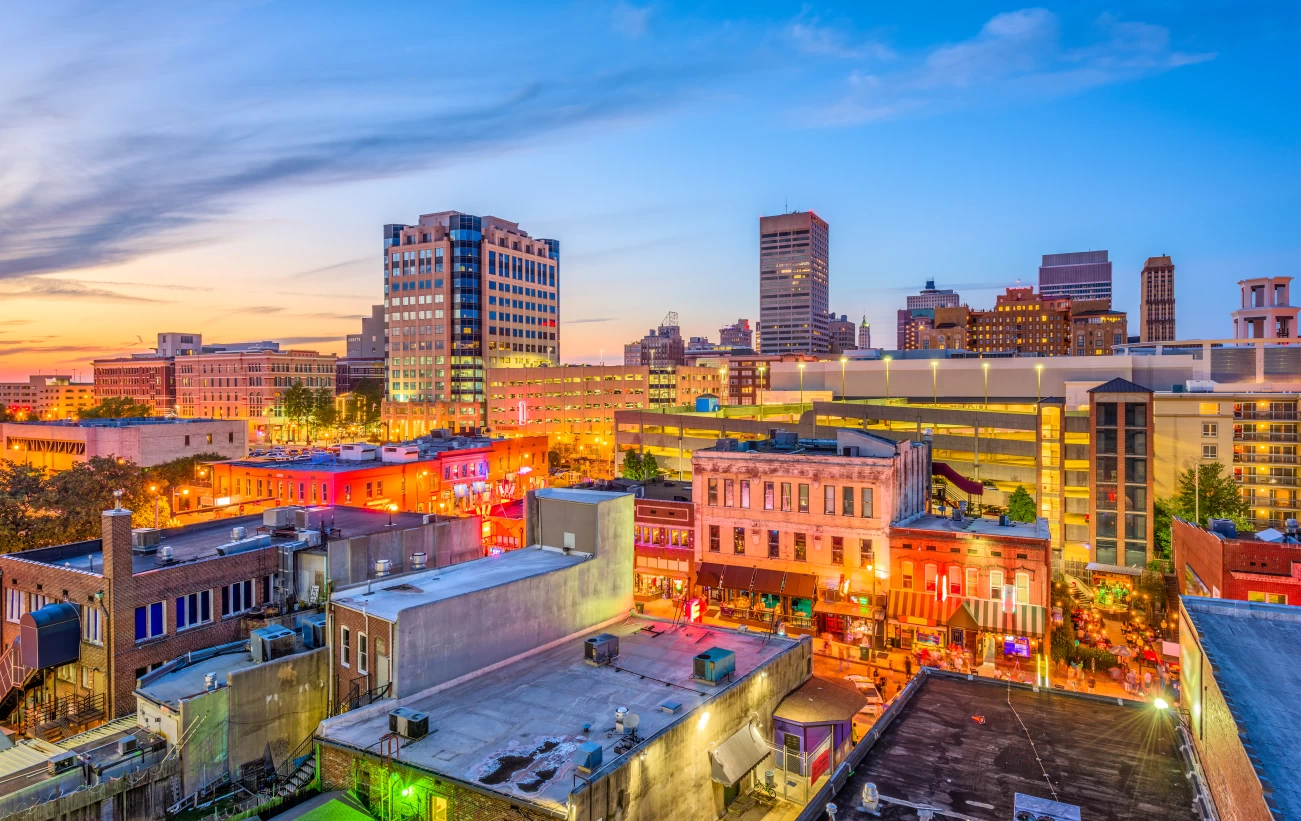 Memphis, Tennesse, USA downtown cityscape at dusk over Beale Street
