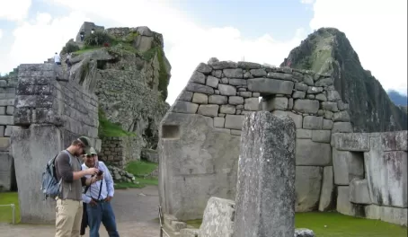 Looking at photos in Machu Picchu