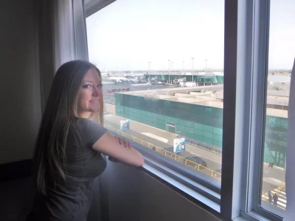 Ashley looks over the Lima airport from our hotel room