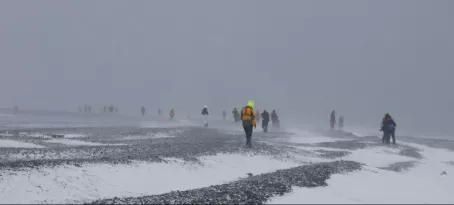 First Antarctic landing. Blizzard