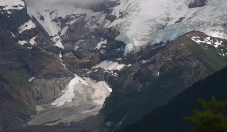 Tronador glaciers. Clean ice upside and black at bottom 