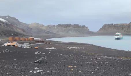 A view from the top of the hill of Whaler's Bay in Deception Island. The Island is a big caldera filled with water.