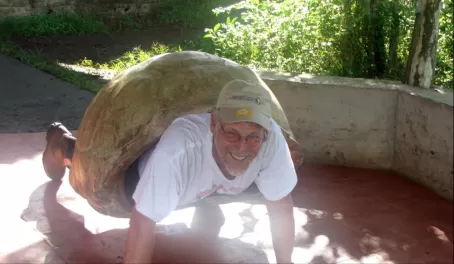 trying on a giant tortoise carapace