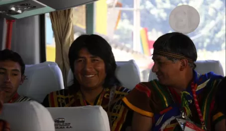 Performers on bus to Machu Picchu