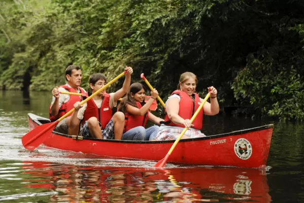 Family canoe trip through the rainforest