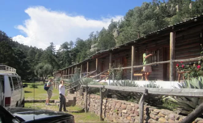 The lodge is built like a long, low, old-fashioned log cabin