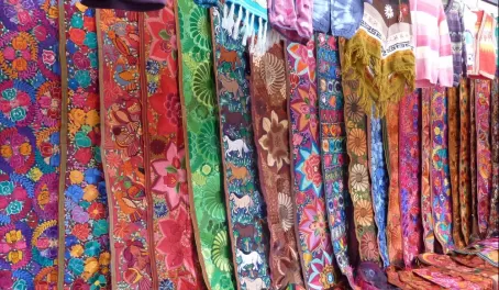 Brightly colored weavings in the market
