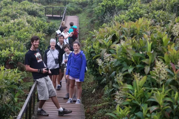 Travelers enjoying a guided hike around the Galapagos
