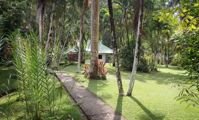 Guest bungalows are nestled into tropical gardens