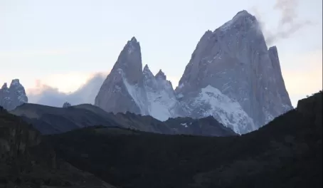 Day 8: Poincenot (center left) and Fitz Roy (right) at dusk