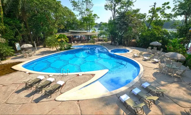 Take a swim in Pachira Lodge's turtle-shaped swimming pool
