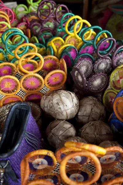Uganda Market is full of brightly colored handicrafts.