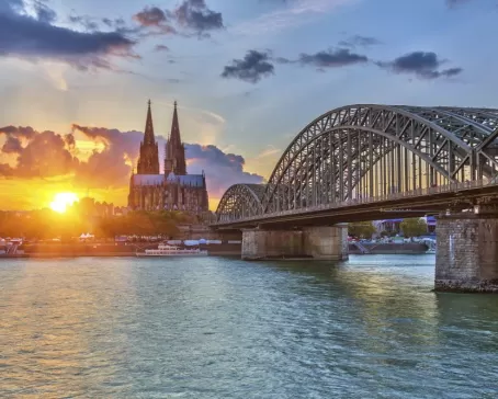 Cologne's famous cathedral at sunset from the Rhine.