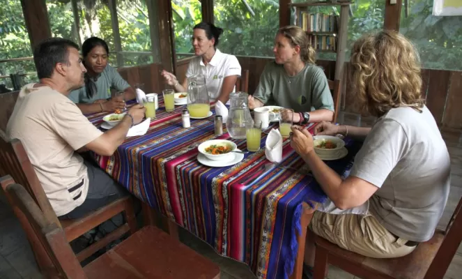 Comfortable dining and delicious traditional food at Huaorani Lodge