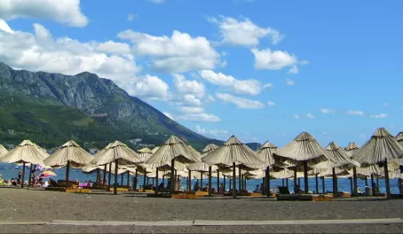 Umbrellas on a beach in Montenegro.
