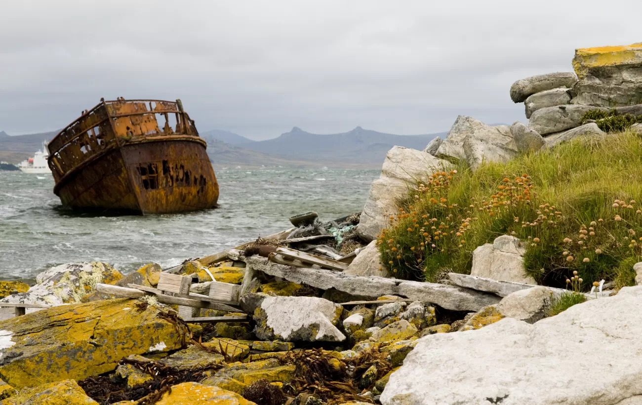 An old ship rusts in a Falkland Islands harbor
