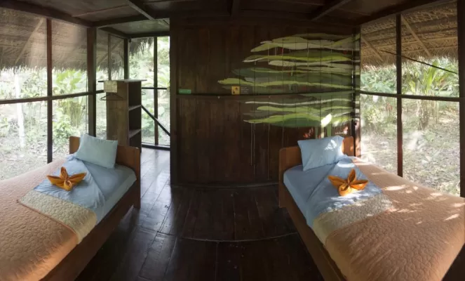 Huaorani Lodge's twin bed cabin