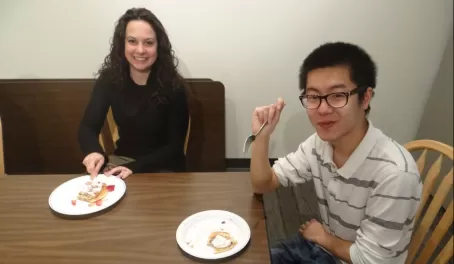 Erin and Yibo enjoying the pancakes