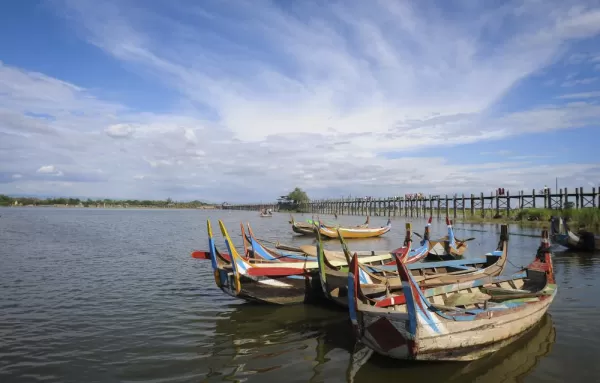 Wooden boats near Ubein Bridge in Mandalay