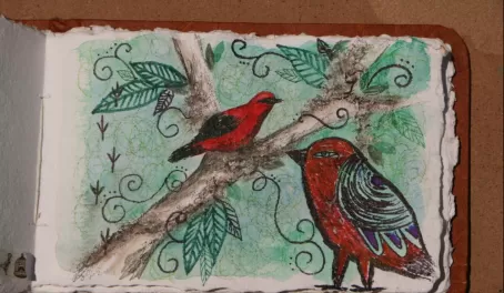 Vermilion Tanager, acrylic, marker and colored pencil