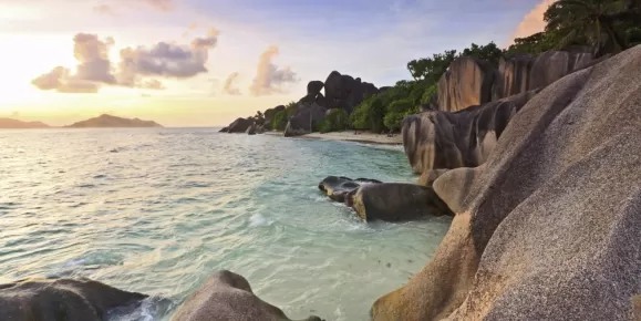 Dramatic sunset over La Digue Island in the Seychelles